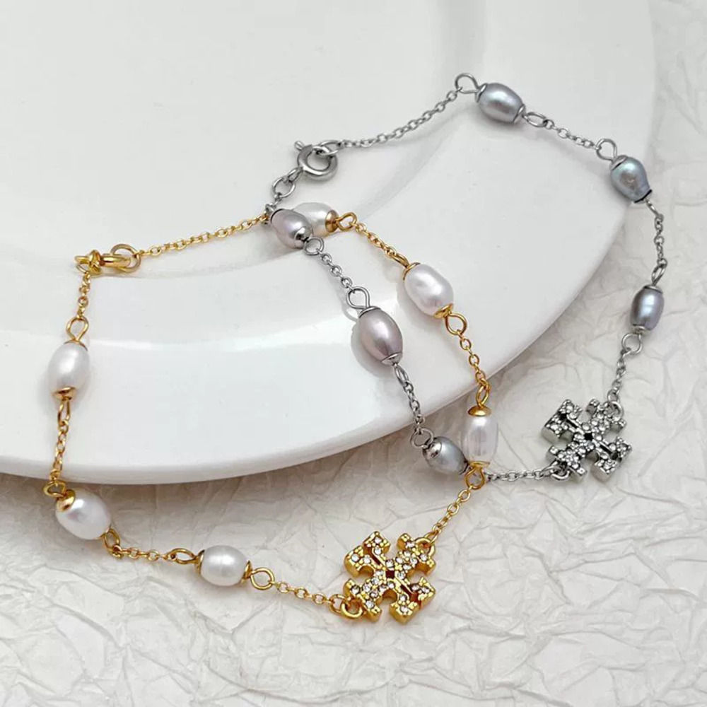 Tory Burch Natural Freshwater Pearl Crystal Alphabet Bracelet